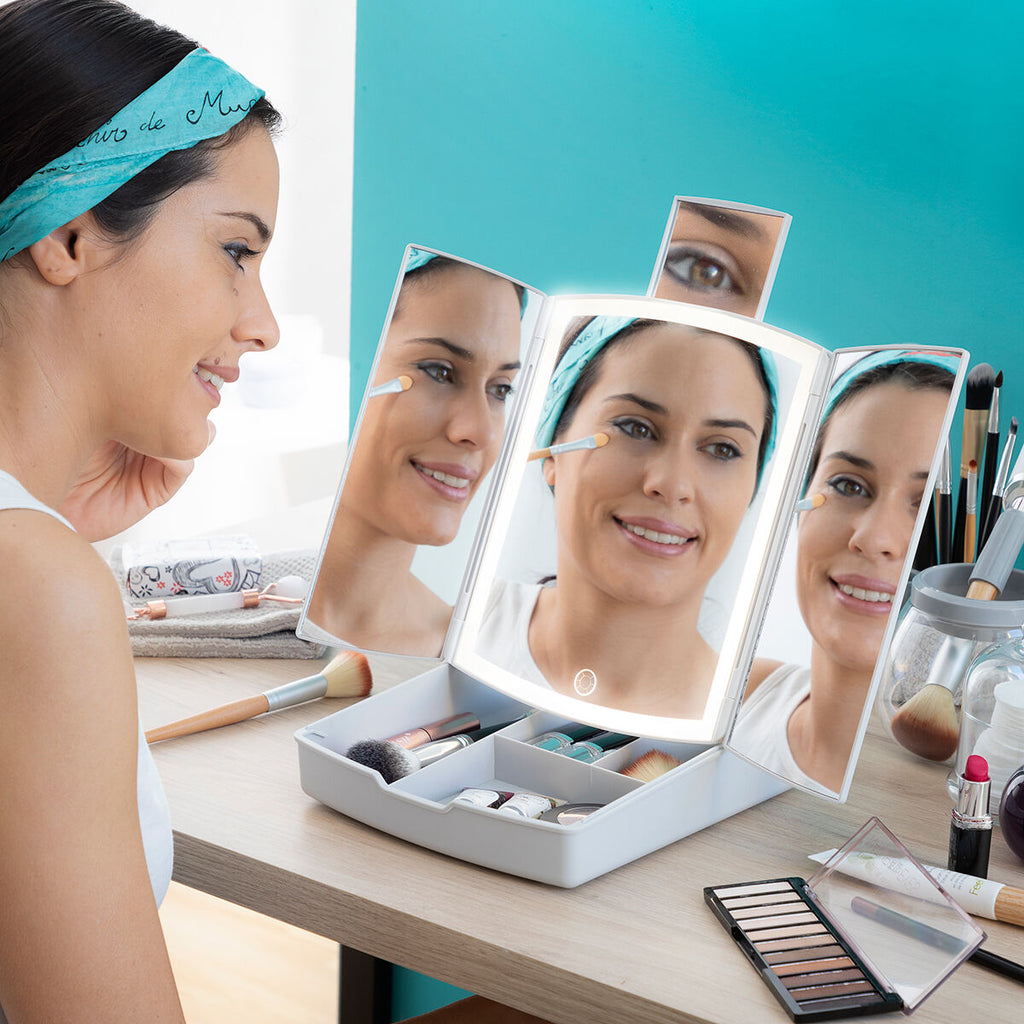 Klappbarer spiegel mit led und 3-in-1-make-up-organizer